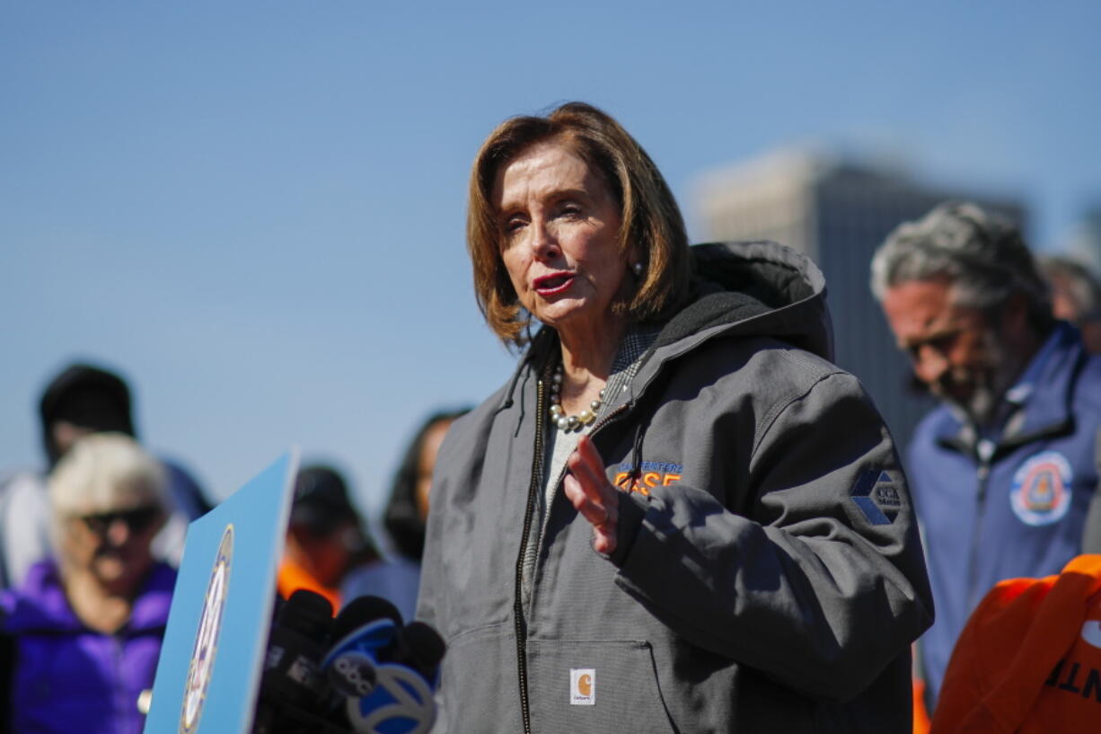 Speaker of the House Nancy Pelosi, D-Calif., speaks during a news conference about infrastructure at Pier One at Brooklyn Bridge Park, Monday, March 14, 2022, in New York.