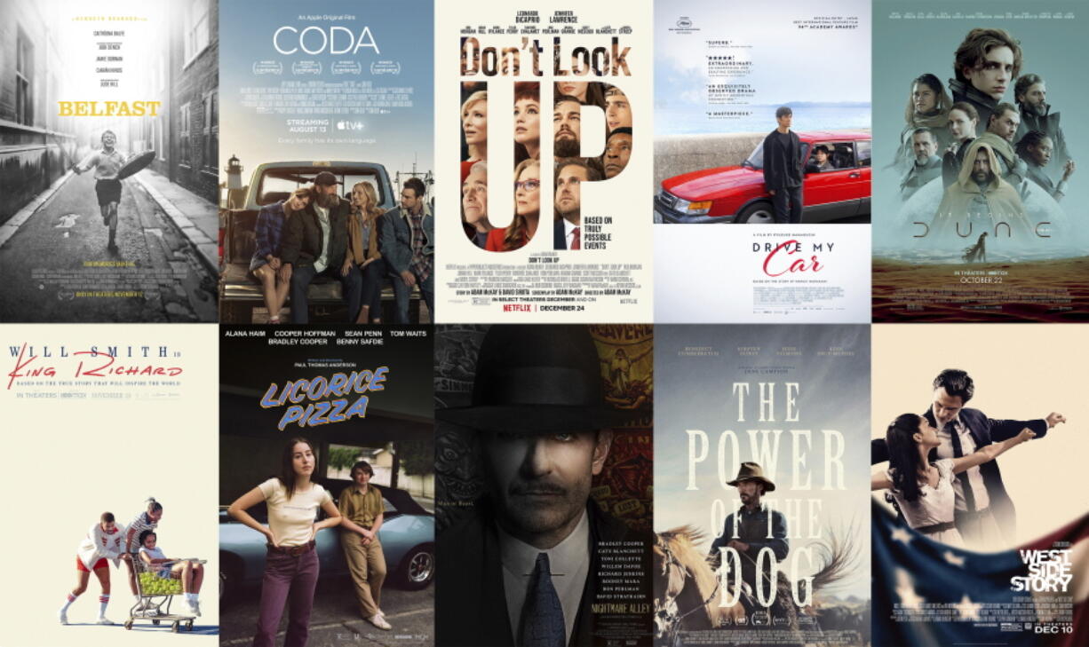 Promotional art for the films nominated for an Oscar for best picture. (Focus Features/Apple TV+, Netflix, Janus Films & Sideshow, Warner Bros. Pictures, Warner Bros.