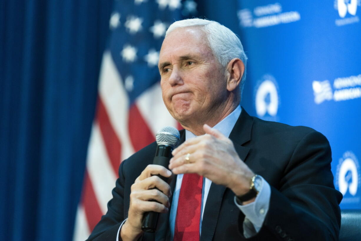 FILE - Former Vice President Mike Pence speaks at the National Press Club in Washington, Nov. 30, 2021.