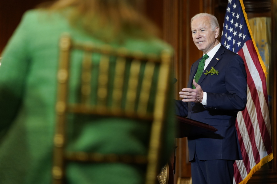 President Joe Biden speaks at the annual Friends of Ireland luncheon on Capitol Hill in Washington, Thursday, March 17, 2022.