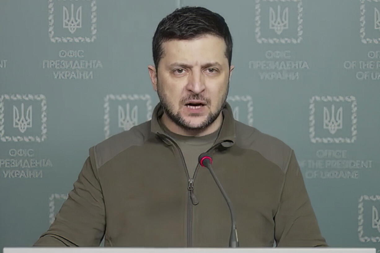 In this image from video provided by the Ukrainian Presidential Press Office and posted on Facebook Tuesday, March 15, 2022, Ukrainian President Volodymyr Zelenskyy speaks in Kyiv, Ukraine.