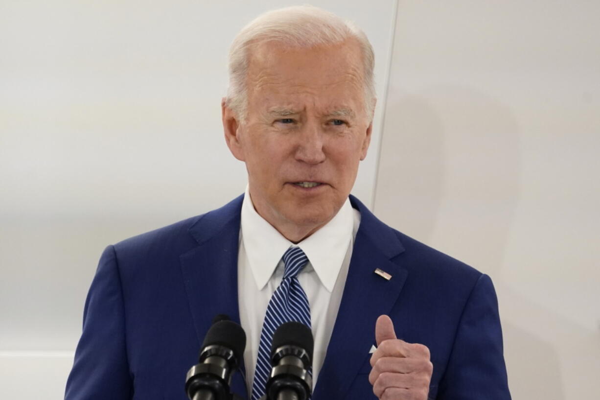 FILE - President Joe Biden speaks Monday, March 21, 2022, in Washington. Biden's trip to Europe comes at a critical moment for the war in Ukraine, which could become a bloody stalemate as Russia pummels cities with air strikes and artillery.