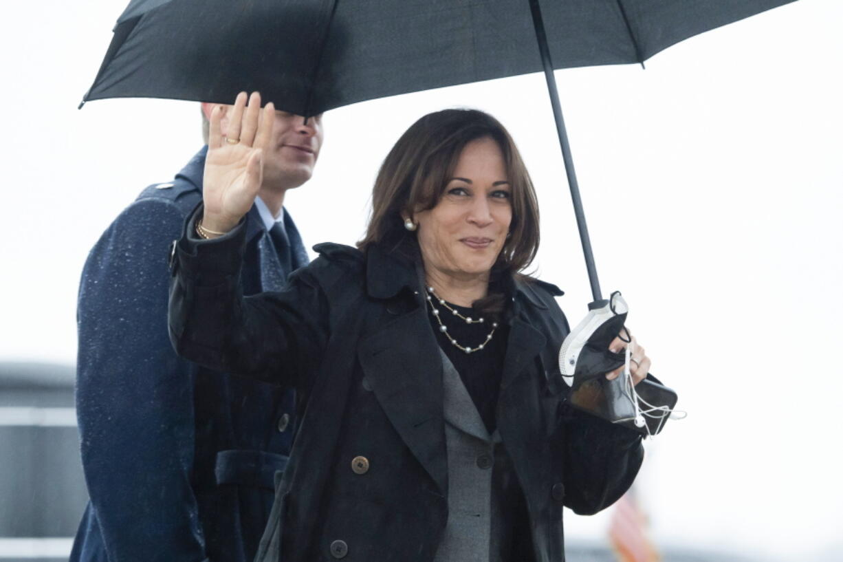 Vice President Kamala Harris arrives to board Air Force Two, Wednesday, March 9, 2022, at Andrews Air Force Base, Md.   Harris is beginning a trip to Poland and Romania for meetings about the war in Ukraine.