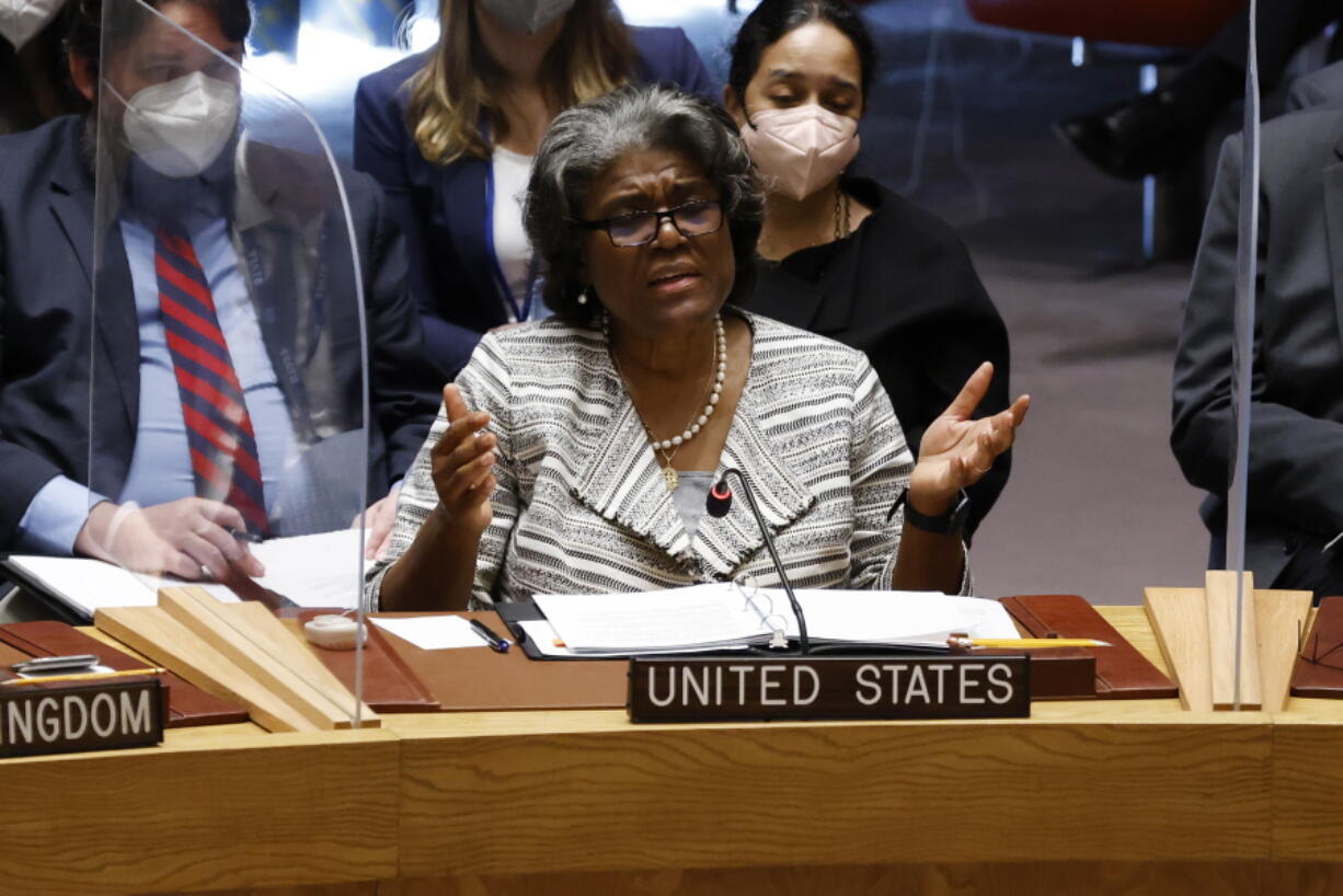 FILE - U.S. ambassador Linda Thomas-Greenfield addresses a meeting of the United Nations Security Council at U.N. headquarters on March 18, 2022. The United Nations will face three resolutions Wednesday, March 23 on the worsening humanitarian situation in Ukraine after Russia decided to call for a vote on its Security Council resolution that makes no mention of its attack on its smaller neighbor. U.S. Ambassador Linda Thomas-Greenfield said there was no support for Russia's resolution.