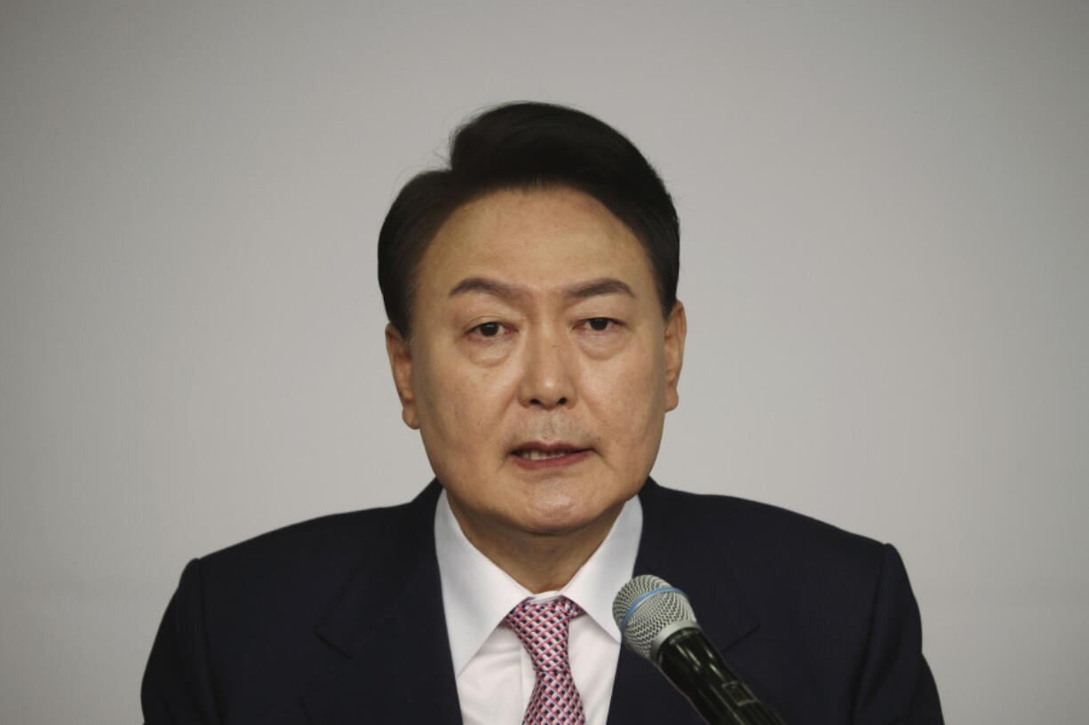 South Korea's president-elect Yoon Suk Yeol speaks during a news conference at the National Assembly in Seoul, South Korea Thursday, March 10, 2022. Yoon was elected South Korea's president in a win expected to herald a drive to seek a stronger alliance with the United States and take a tougher line on North Korea.