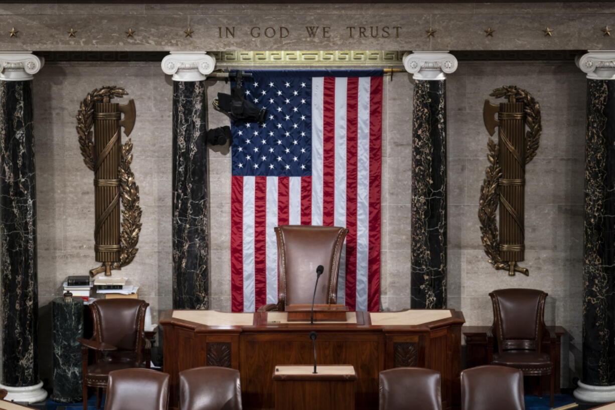 The speaker's dais in the House of Representatives is seen at the Capitol in Washington, Monday, Feb. 28, 2022. President Joe Biden sat through many State of the Union speeches as a senator and vice president. On Tuesday night, he'll deliver the address himself.  (AP Photo/J.