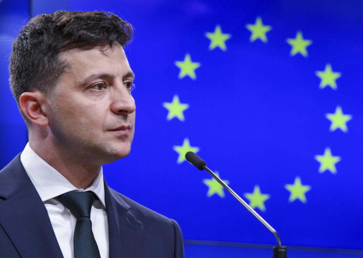 FILE - Ukrainian President Volodymyr Zelenskyy speaks during a media conference at the Europa building in Brussels, June 5, 2019. Russia lost influence and friends since the collapse of the Soviet empire in 1989. But the nuclear superpower still holds sway over several of its neighbors in Europe and keeps others in an uneasy neutrality. The Russian invasion of neighboring Ukraine and the humanitarian tragedy it provoked over the past two weeks may have raised an Western outcry of heartfelt support.