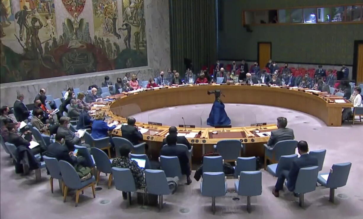 The United Nations Security Council listens to comments during a meeting, Friday, March 11, 2022, at UN headquarters. The Russian request for the Security Council meeting followed a U.S. rejection of Russian accusations that Ukraine is operating chemical and biological labs with U.S. support.