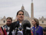 President of the Metis community, Cassidy Caron, speaks to the media in St. Peter's Square after their meeting with Pope Francis at The Vatican, Monday, March 28, 2022.