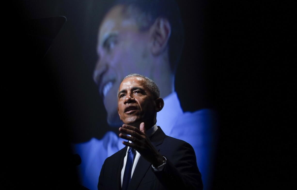 Former President Barack Obama speaks during a memorial service for former Senate Majority Leader Harry Reid at the Smith Center in Las Vegas, Jan. 8, 2022. Former President Obama said on Sunday, March 13, 2022 that he had tested positive for the coronavirus, though he's feeling relatively healthy and his wife, Michelle, tested negative.