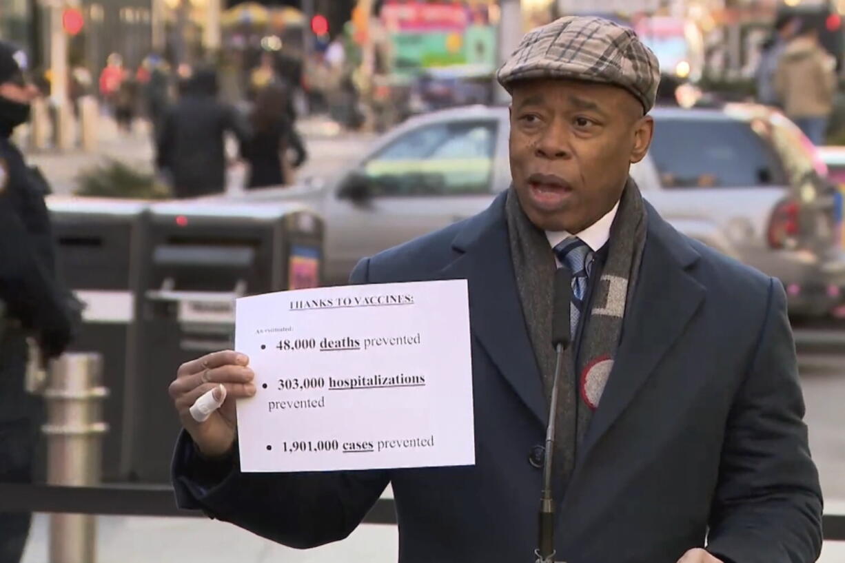 New York City mayor Eric Adams speaks during a news conference in which he announced the scaling back of COVID-19 mask and vaccine mandates within the city, Friday, March 4, 2022, in New York.