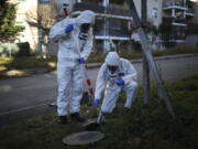 FILE - Firefighters from the Marins-Pompiers of Marseille extract samples of sewage water at a retirement home in Marseille, southern France, Thursday Jan. 14, 2021, to trace concentrations of COVID-19 and the highly contagious variant that has been discovered in Britain. As coronavirus infections rise in some parts of the world, experts are watching for a potential new COVID-19 surge in the U.S. -- and wondering how long it will take to detect.