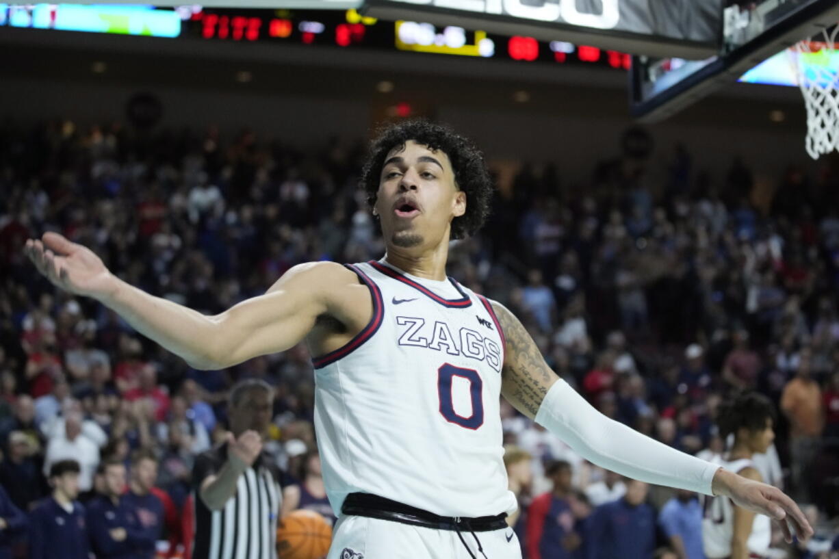 Gonzaga's Julian Strawther (0) celebrates during the second half of an NCAA college basketball championship game against Saint Mary's at the West Coast Conference tournament Tuesday, March 8, 2022, in Las Vegas.