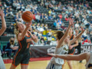 Washougal’s Samantha Mederos drives to the hoop in a Class 2A girls basketball state quarterfinal game against Burlington-Edison on Thursday, March 3, 2022 in Yakima.