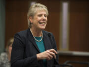 Councilor Julie Olson thanks her supporters after taking the oath of office at the Clark County Public Service Center in Vancouver in 2018. She announced Monday that she will not seen an additional term on the Clark County Council.