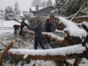 Connor and Adria McCarthy of Vancouver, from left, clear a downed tree from their yard and the street while assisted by neighbors Riley Dewater, 16, and his brother, Ryan, 18, after a rare April snowstorm hit the area Monday morning, April 11, 2022. Downed trees caused problems for residents and motorists on Monday. "I'm just glad it hit the road," Adria McCarthy said.