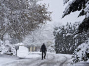 Snowflakes continue to fall as a pedestrian navigates a snowy scene in southeast Vancouver on Monday morning, April 11, 2022.