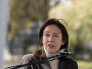 U.S. Senator Maria Cantwell gives a press conference before she tours the Interstate Bridge on Wednesday morning, April 13, 2022.