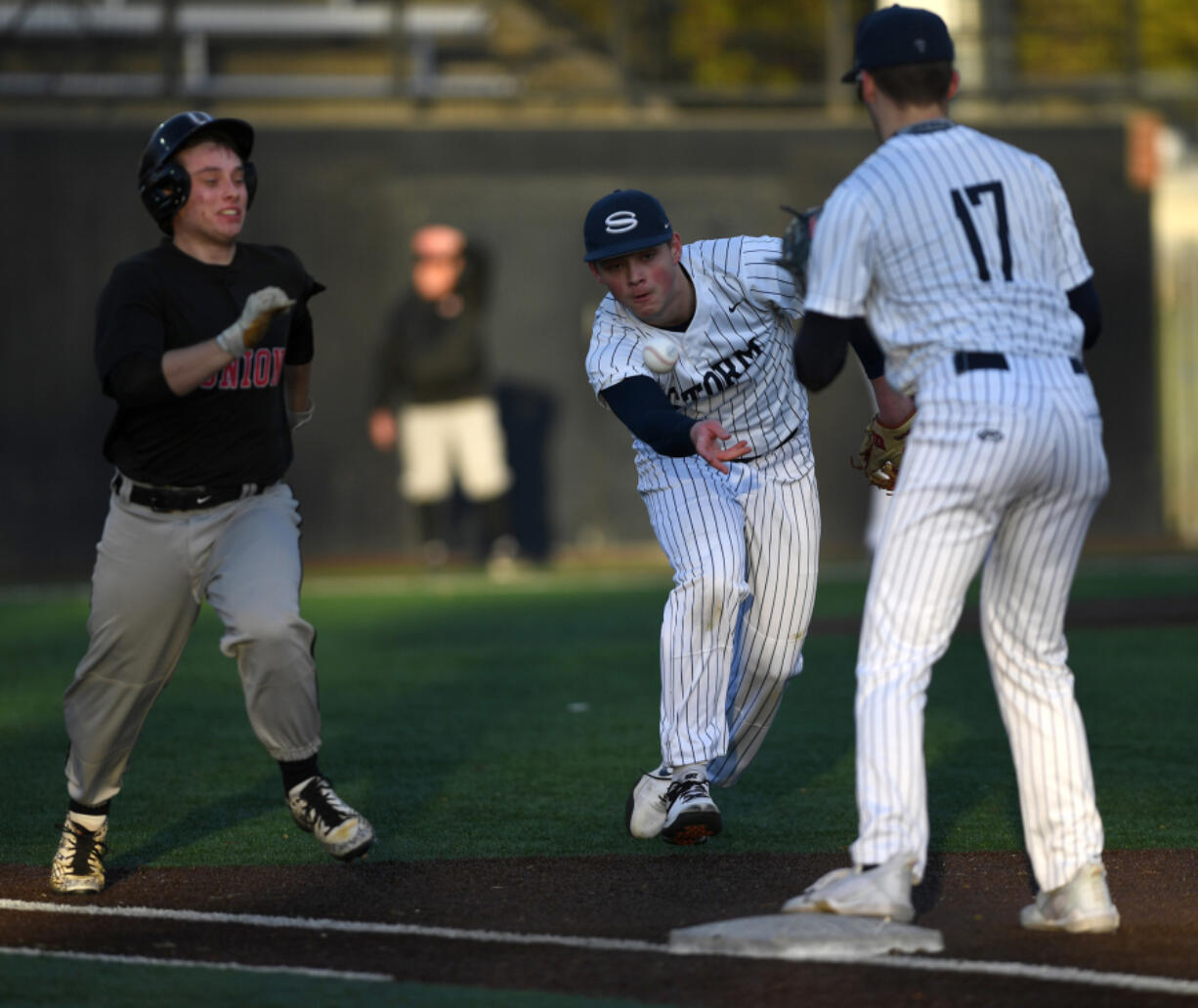 Skyview's Cody Blackhurst, center, lobs the ball to Brady Davis, right, to put out Union's Devon Woods, left, during Wednesday's 4A Greater St. Helens League game at Propstra Stadium. All four 4A GSHL teams will be in a tight battle this season for three playoff berths.