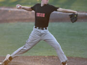 Union junior Evan McGuire throws the ball Wednesday, April 13, 2022, during the Titans’ 6-3 win against the Storm at Propstra Stadium.