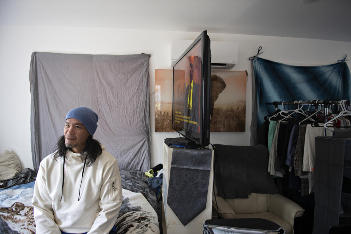 Jeff Williams at his tiny home in Fruit Valley Terrace on Friday. After losing his business and his home at the start of the COVID-19 pandemic, Williams struggled with homelessness for more than a year. In December, he got connected with the Vancouver-based nonprofit Community Roots Collaborative that operates Fruit Valley Terrace, a cluster of 29 tiny homes that were built in 2021 to help alleviate homelessness in Clark County. Now, with a roof over his head, Williams has been able to focus on rebuilding his business, Native Roots.