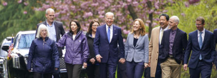 President Joe Biden arrives to speak at Seward Park on Earth Day, Friday, April 22, 2022, in Seattle. From left, Sen. Patty Murray, D-Wash., Rep. Rick Larsen, D-Wash., Sen. Maria Cantwell, D-Wash., Rep. Suzan DelBene, D-Wash., Biden, Rep. Kim Schrier, D-Wash., Seattle Mayor Bruce Harrell, Rep. Adam Smith, D-Wash., and Rep. Derek Kilmer, D-Wash.