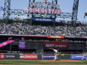 Seattle Mariners starting pitcher Matt Brash throws against the Houston Astros, Sunday, April 17, 2022, at T-Mobile Park in Seattle. Brash had pitched five no-hit innings going into the sixth, but then gave up two hits and two earned runs to the Houston Astros during the inning.(AP Photo/Ted S.