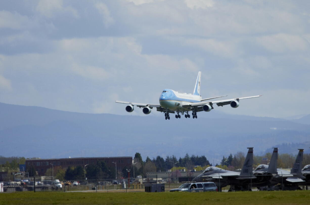 Air Force One with President Joe Biden arrives at Portland International Airport in Portland, Ore., Thursday, April 21, 2022.