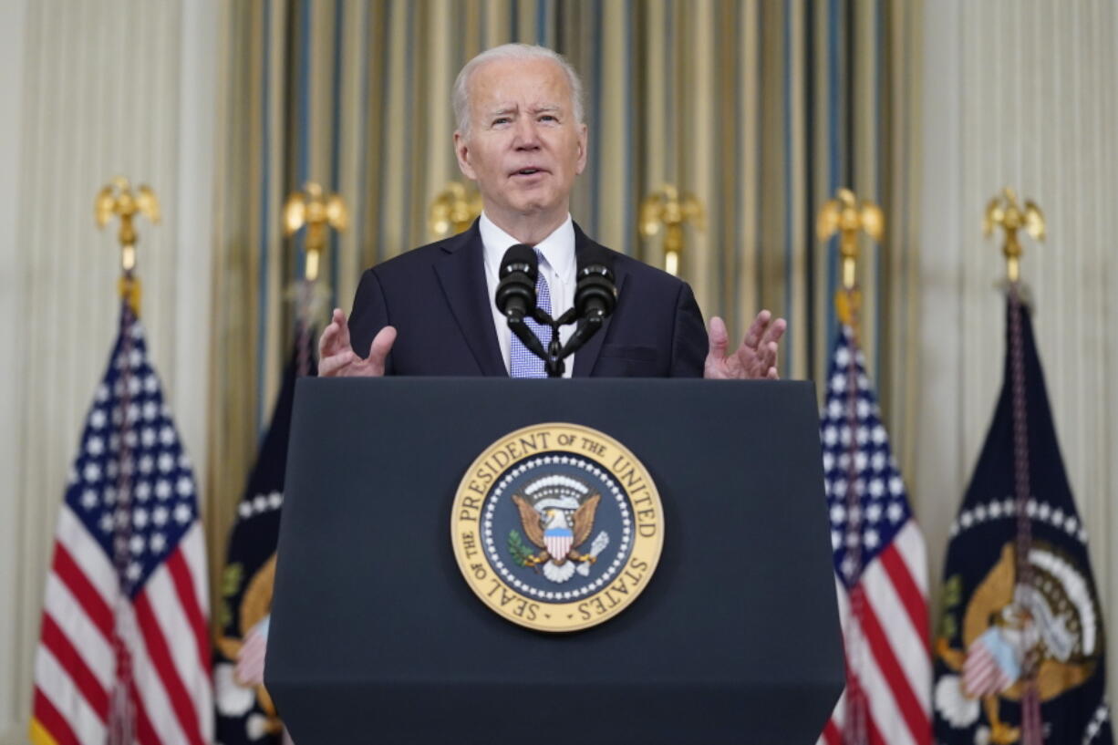 FILE - President Joe Biden speaks about the March jobs report in the State Dining Room of the White House, April 1, 2022, in Washington. Since Biden took office last year, job growth has been vigorous and steady. That's what he told the country on Friday after the March jobs report showed the addition of 431,000 jobs.