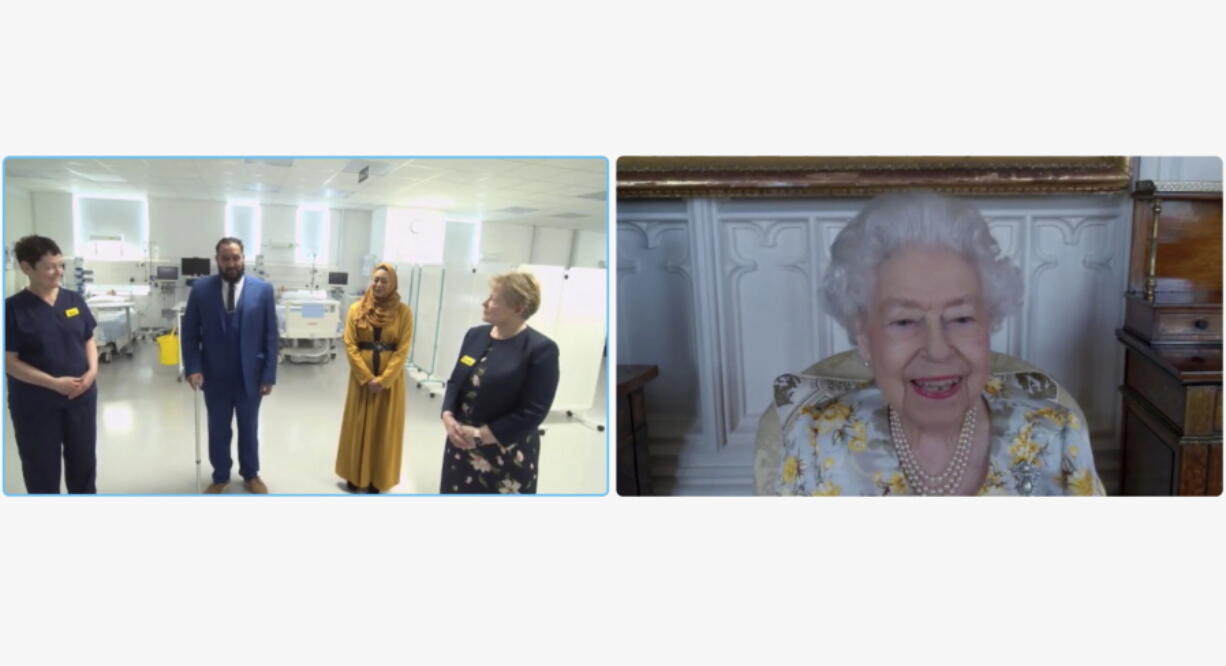 In this image from video issued by Buckingham Palace on Sunday, April 10, 2022, Britain's Queen Elizabeth II speaks to Dr. Marie Healey, divisional director for surgery and critical care; Mr. Asef and Mrs. Shamina Hussain and Jackie Sullivan during a video link call and virtual visit to the Royal London Hospital on Wednesday April 6, 2022, to mark the official opening of the hospital's Queen Elizabeth Unit.