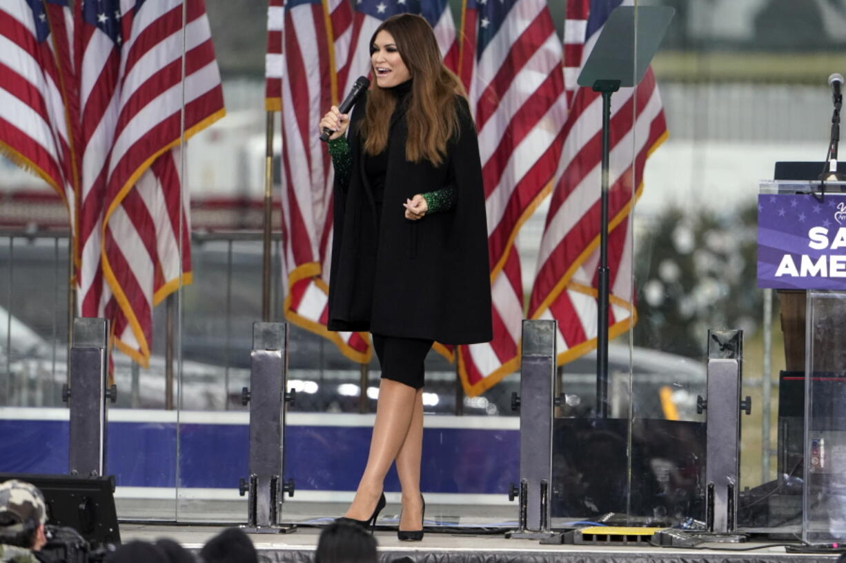 FILE - Kimberly Guilfoyle speaks, Jan. 6, 2021, in Washington, at a rally in support of President Donald Trump called the "Save America Rally." Guilfoyle, the fianc?e of former President Donald Trump's eldest son, met with the House committee investigating the U.S. Capitol insurrection Monday, April 18, 2022.