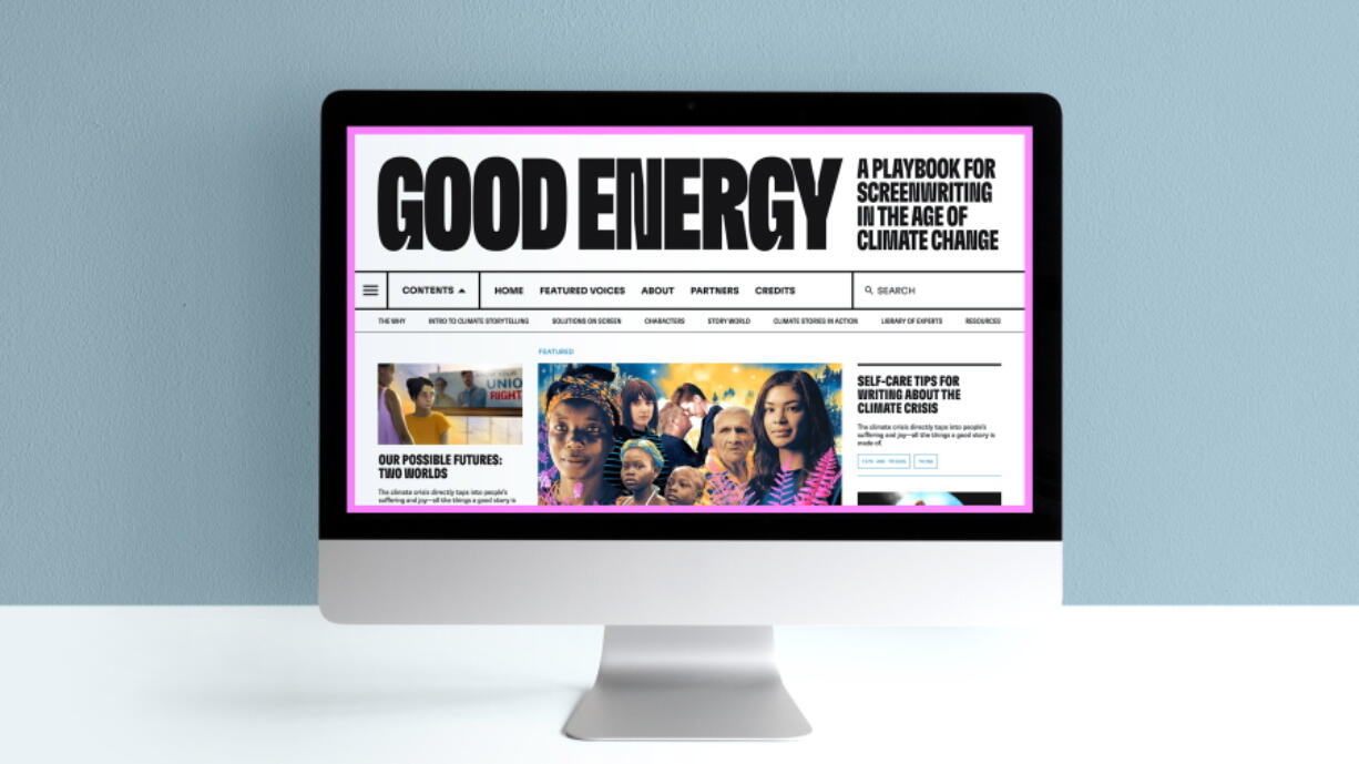 In this undated photo provided by Good Energy, the online resource "Good Energy: A Playbook for Screenwriting in the Age of Climate Change" is displayed on a computer monitor. The project, intended to increase climate change-related words and phrases in TV and film scripts, was created with feedback from more than 100 film and TV writers, said Anna Jane Joyner, editor-in-chief of the playbook and founder of Good Energy, a nonprofit consultancy.