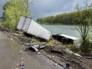 One semi ended up in the river and another was on fire after a crash on I-5 southbound near Woodland.