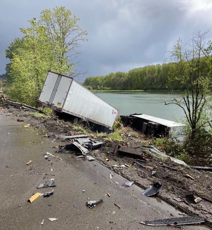 One semi ended up in the river and another was on fire after a crash on I-5 southbound near Woodland.