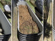 This combination of images show a base layer of logs used in creating a raised Hugulkultur bed, from left, a layer of garden debris and twigs used in creating a raised Hugulkultur bed and a completed raised Hugulkultur bed.