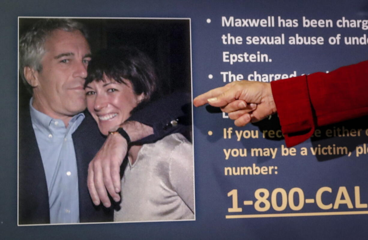 FILE - Audrey Strauss, acting U.S. attorney for the Southern District of New York, points to a photo of Jeffrey Epstein and Ghislaine Maxwell, during a news conference in New York on July 2, 2020. A judge has declined to throw out Maxwell's sex trafficking conviction, despite a juror's failure to disclose he'd been a victim of childhood sexual abuse. U.S. District Judge Alison J. Nathan on Friday, April 1, 2022, refused to order a new trial for Maxwell, who was convicted in December of helping the American millionaire Epstein abuse several teenage girls.