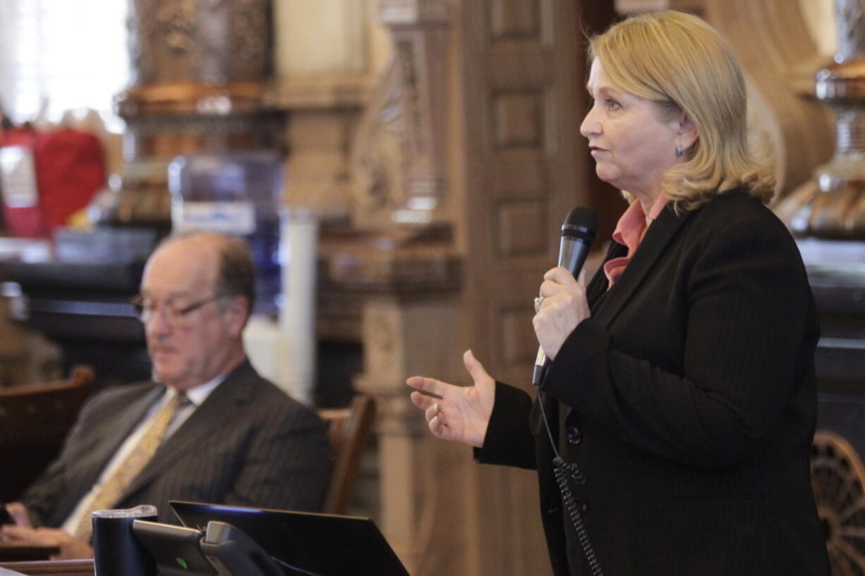 Kansas Senate tax committee Chair Caryn Tyson, R-Parker, speaks in favor of a Republican proposal to phase out the state's sales tax on groceries over three years, Wednesday, April 27, 2022, at the Statehouse in Topeka, Kan. Democratic Gov. Laura Kelly wants to eliminate the entire 6.5% tax on July 1, 2022.