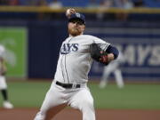 Tampa Bay Rays starting pitcher Drew Rasmussen works from the mound against the Seattle Mariners during first inning of a baseball game Wednesday, April 27, 2022, in St. Petersburg, Fla.