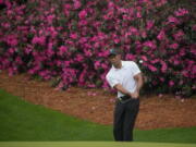 Tiger Woods chips to the green on the 13th hole during a practice round for the Masters golf tournament on Wednesday, April 6, 2022, in Augusta, Ga.