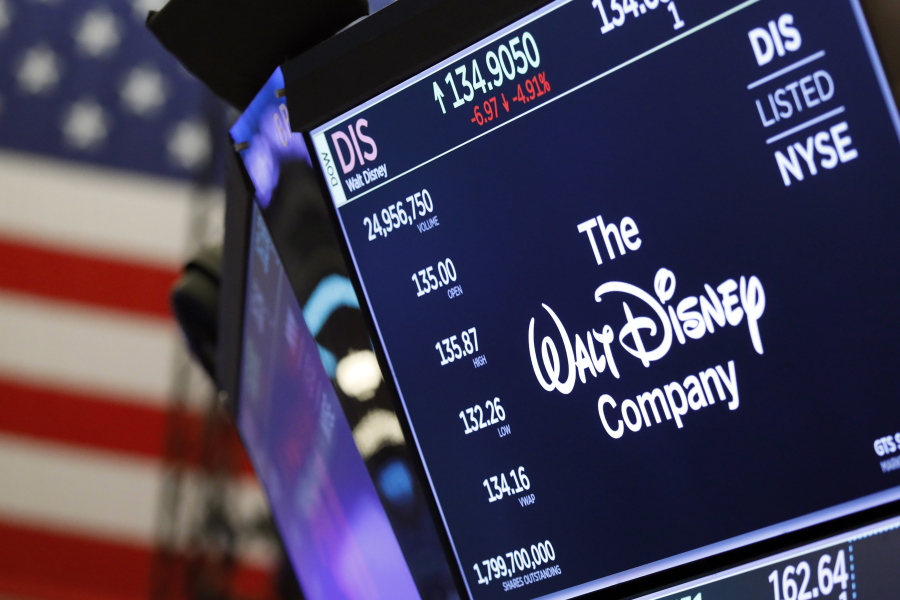 FILE - The logo for The Walt Disney Company appears above a trading post on the floor of the New York Stock Exchange, Wednesday, Aug. 7, 2019.  On Friday, April 15, 2022, The Associated Press reported on stories circulating online incorrectly claiming Disney shareholders are in a "panic" after losing $2.4 billion in one day.