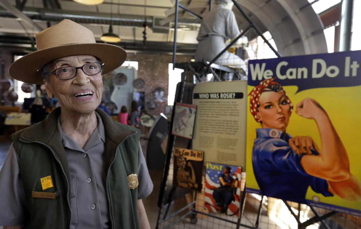 National Park Service Ranger Betty Reid Soskin smiles during an interview at Rosie the Riveter World War II Home Front National Historical Park in Richmond, Calif.,  on July 12, 2016.