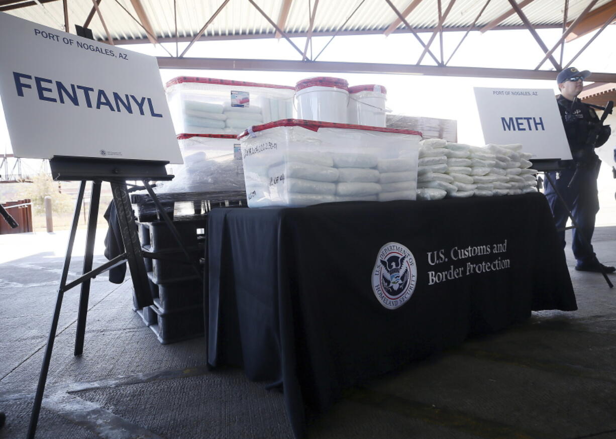 FILE -A display of the fentanyl and meth that was seized by Customs and Border Protection officers over the weekend at the Nogales Port of Entry is shown during a press conference on Thursday, Jan. 31, 2019, in Nogales, Ariz. As the number of U.S. overdose deaths continues to soar, states are trying to take steps to combat a flood of the drug that has proved the most lethal -- illicitly produced fentanyl.