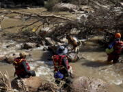 FILE - Search and rescue team looking for bodies at Umzinyathi Falls after floods, in Inanda near Durban, South Africa, Tuesday, April 19, 2022.