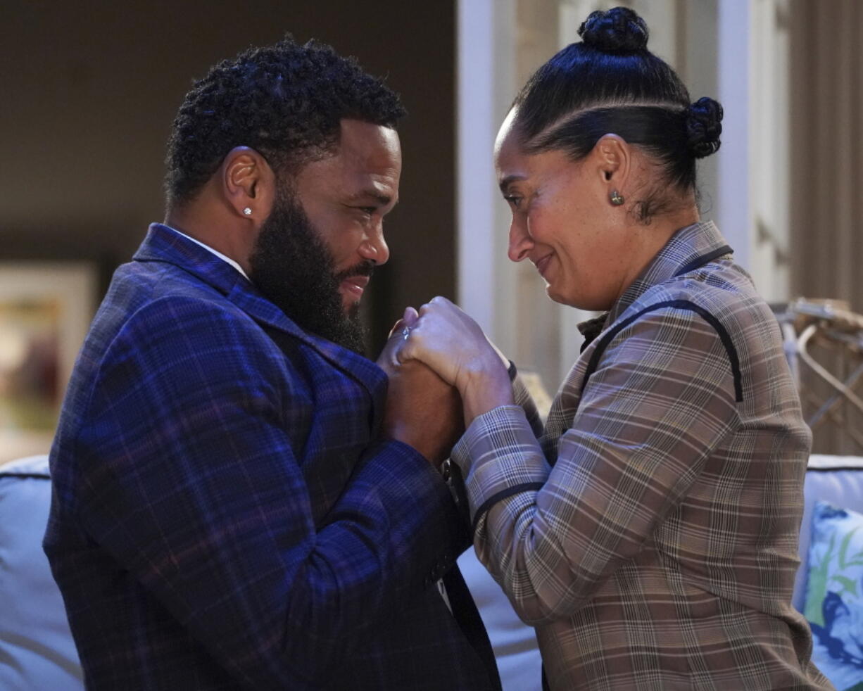 This image released by ABC shows Anthony Anderson, left, and Tracee Ellis Ross in a scene from the series finale of "black-ish," airing April 19.