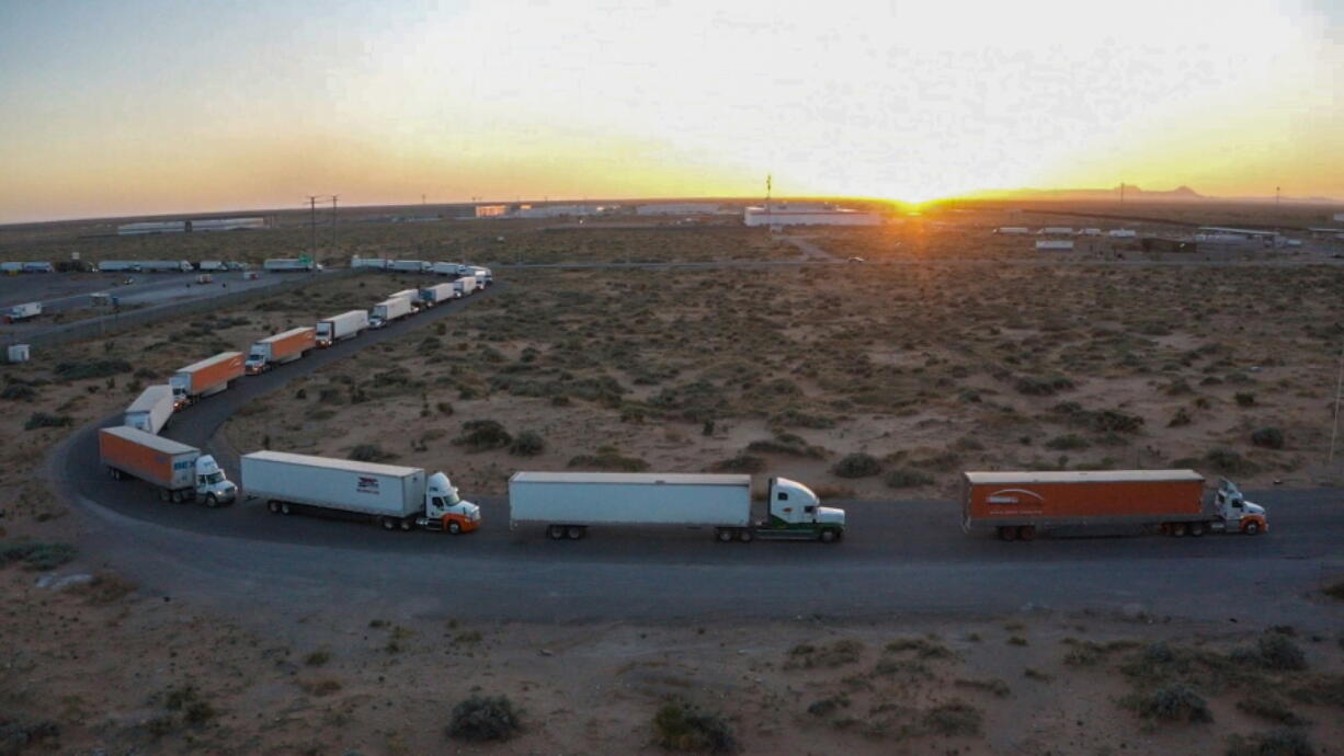 Truckers block the entrance into the Santa Teresa Port of Entry in Ciudad Juarez going into New Mexico on April 12, 2022. The truckers blocked the port as a protest to the prolonged processing times implemented by Gov. Abbott which they say have increased from 2-3 hours up to 14 hours in the last few days.