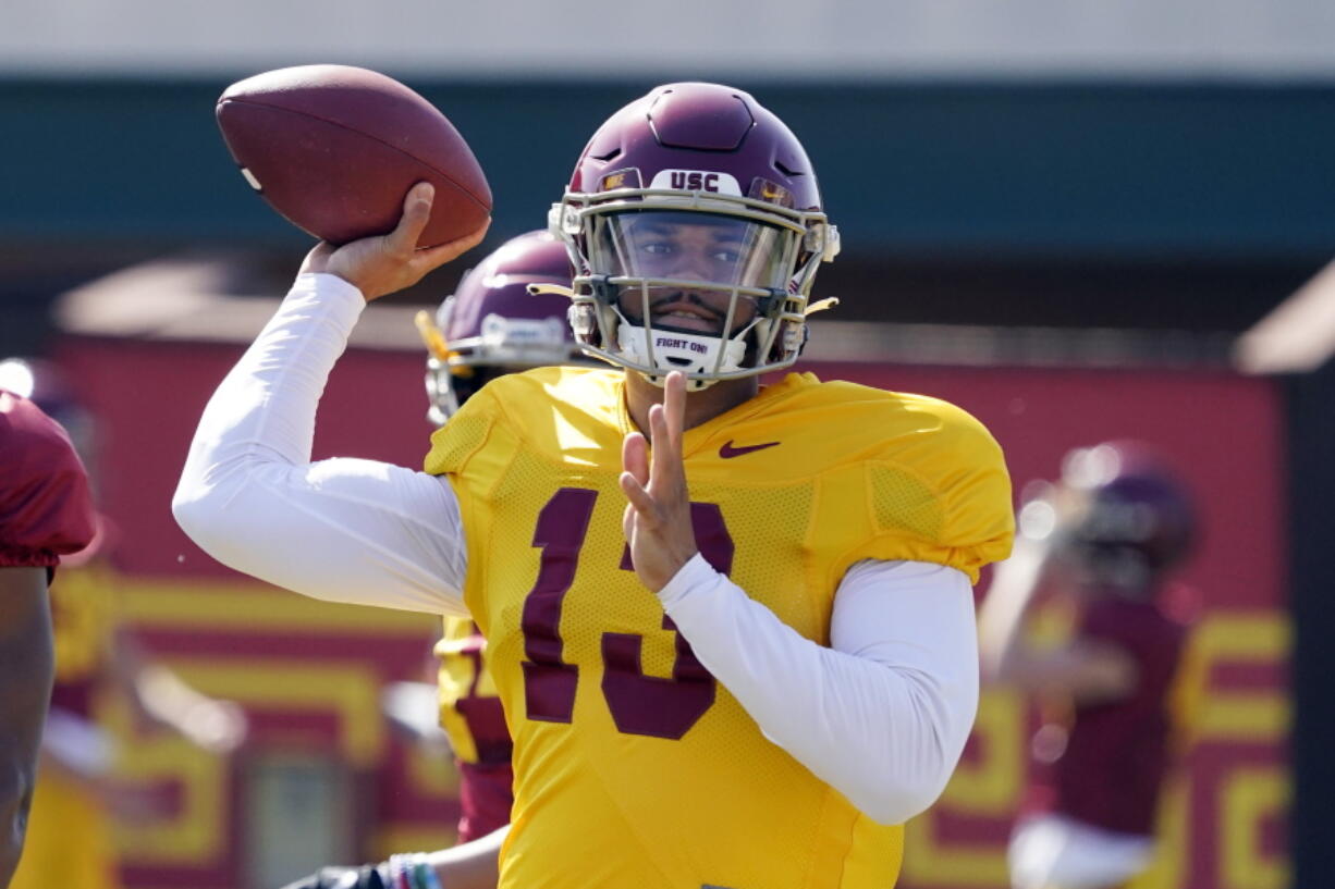 Southern California quarterback Caleb Williams throws during an NCAA college football practice Tuesday, April 5, 2022, in Los Angeles.