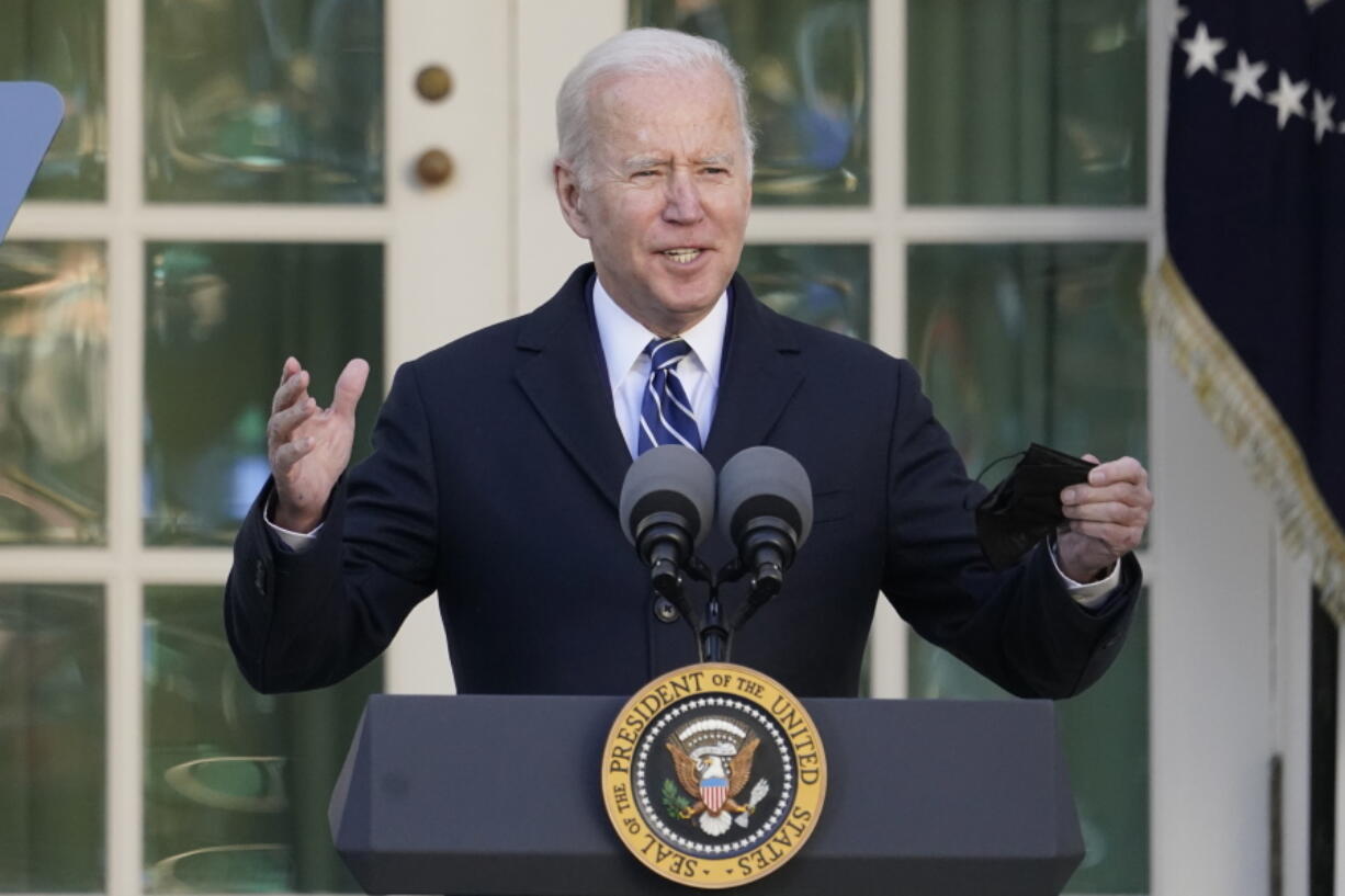 FILE - President Joe Biden speaks in the Rose Garden of the White House, in Washington, Nov. 19, 2021. Biden's administration is taking steps to expand availability of the life-saving COVID-19 antiviral treatment Paxlovid. It's trying to reassure doctors that there is ample supply for people at high risk of severe illness or death from the virus.