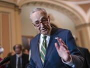 Senate Majority Leader Chuck Schumer, D-N.Y., meets with reporters following a Democratic Caucus meeting, at the Capitol in Washington, Tuesday, April 5, 2022. (AP Photo/J.