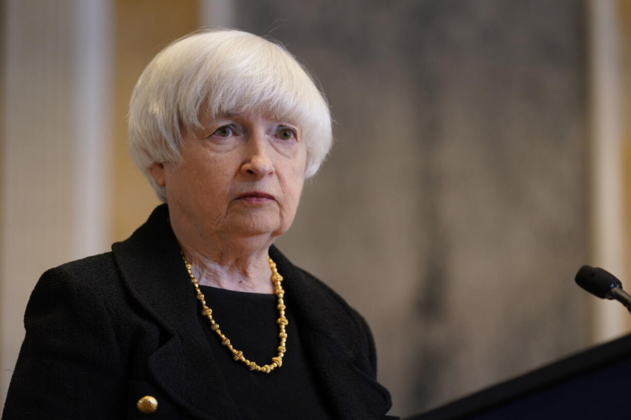 Treasury Secretary Janet Yellen listens to a question during a news conference at the Treasury Department in Washington, Thursday, April 21, 2022.