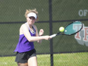 Columbia River senior Ari Domniti returns a shot against Fort Vancouver's Eva Koutelieris during a match on Wednesday, May 4, 2022.